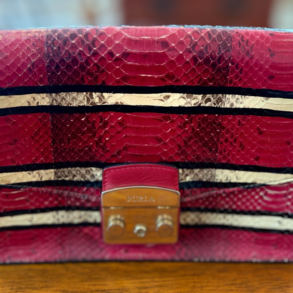 Furla Red, Black and Cream Snakeskin Metropolis Crossbody Bag